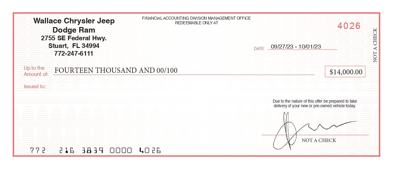 Redeemable at Wallace Chrysler Dodge Jeep Ram